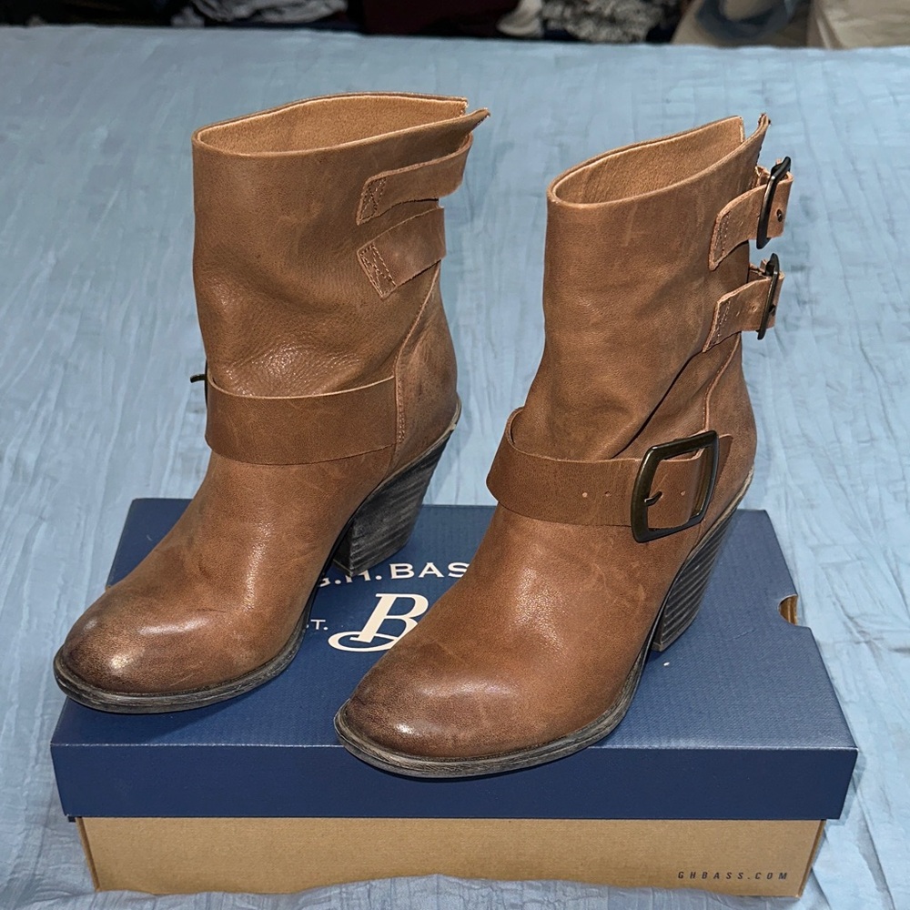 Lucky Brand Tan Heeled Boots with Buckle Accents